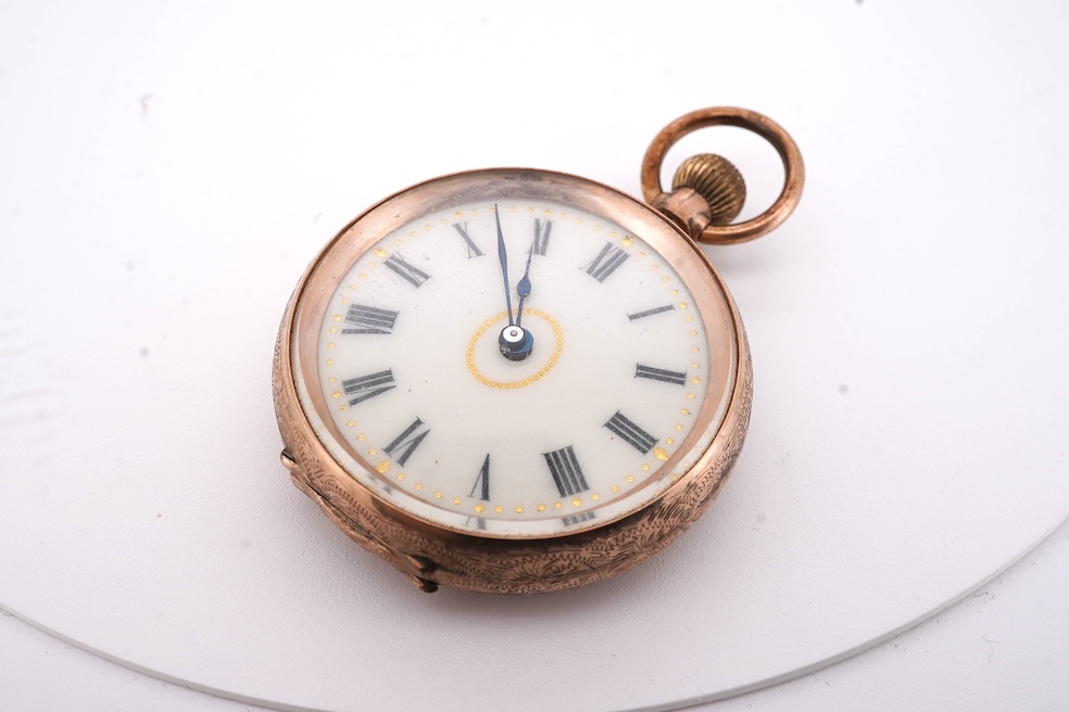 An early 20th century continental 9k open faced fob watch, with Roman dial, 34mm, gross weight 30.5 grams. Condition - poor to fair